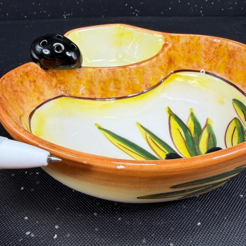 Hand Painted Ceramic Olive Serving Dish Mediterranean Signed 6in Orange Yellow